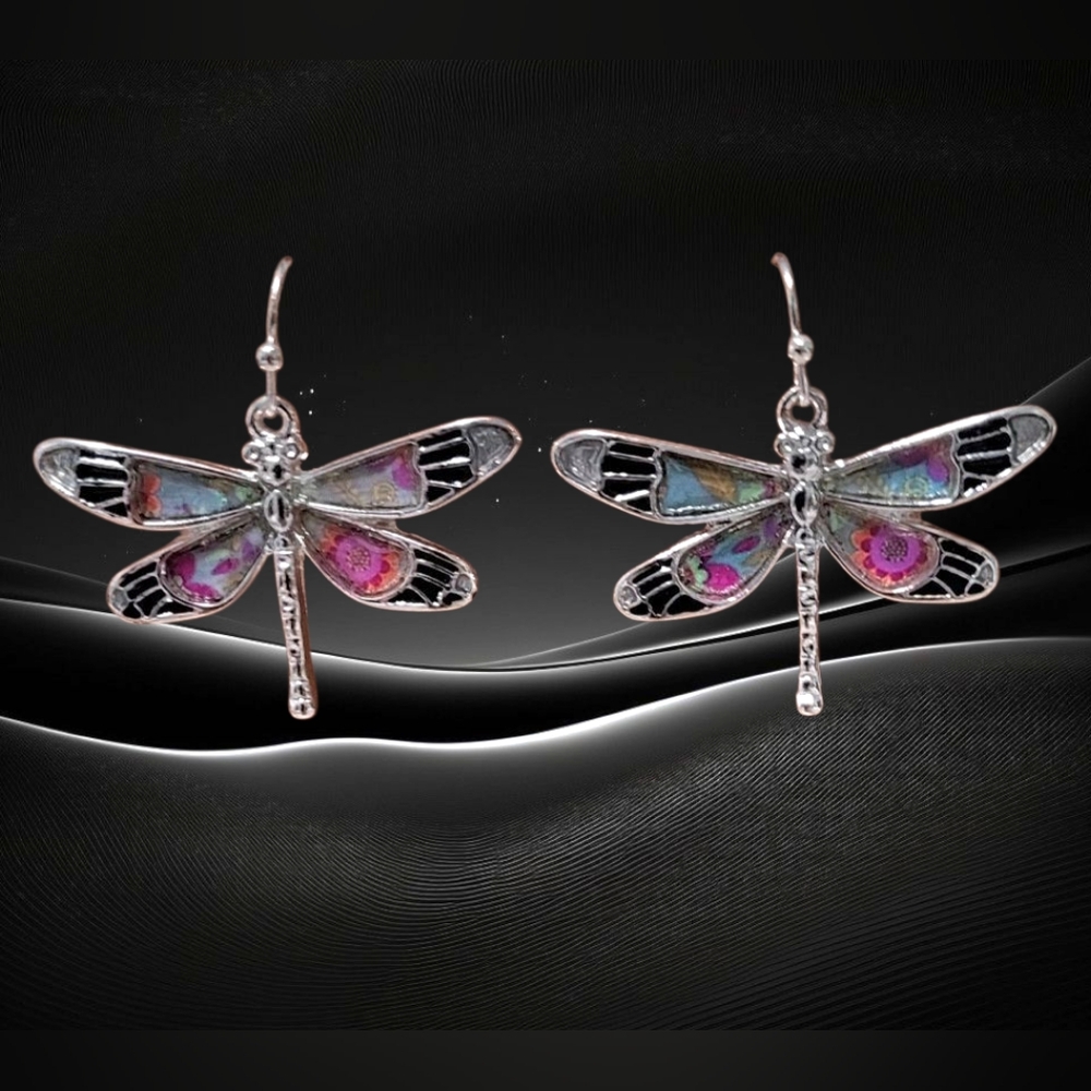 Silver And Colorful Enamel Boho Dragonfly Earrings New - Picture 3 of 3